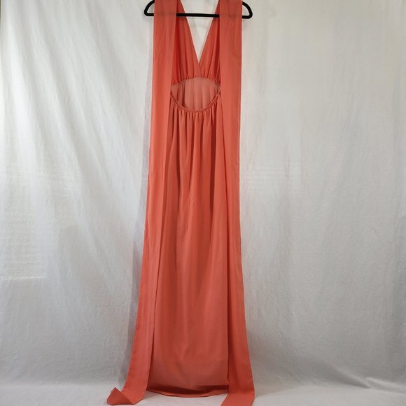 V-Neckline Long Prom Dress by Studio F Size 8 Coral Color 85% Poly. Worn Once! - Picture 3 of 16
